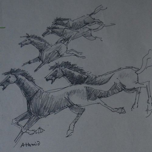 Running Horses - VII | Pen & Pencil on Paper | 18.5 x 17 CM | 2000 | Available | Price: Contact Us 