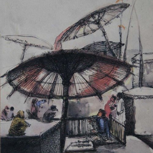 Banaras Ghat - VIII | Pen and Water Colour on Paper | 24 x 17.5 CM | 1978 | Available | Price: Contact Us