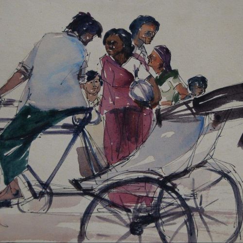 Rikshaw Puller | Pen and Water Colour on Paper | 24.5 x 19 CM | 1977 | Available | Price: Contact Us