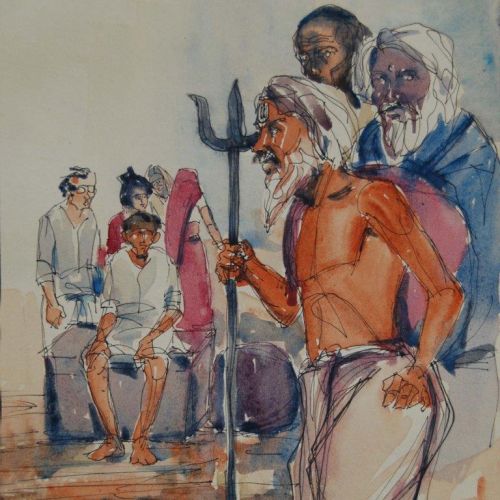 Banaras Ghat - IV | Pen and Water Colour on Paper | 23 x 17.5 CM | 1976 | Available | Price: Contact Us 