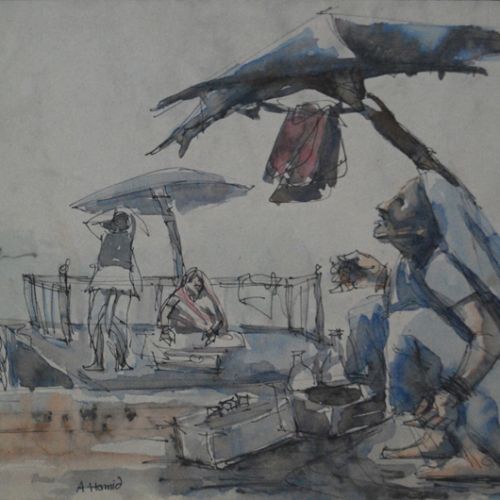 Banaras Ghat - I | Pen and Water Colour on Paper | 25 x 18 CM | 1976 | Available | Price: Contact Us
