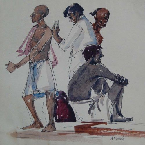 Banaras Ghat - V | Pen and Water Colour on Paper | 21 x 20 CM | 1977 | Available | Price: Contact Us