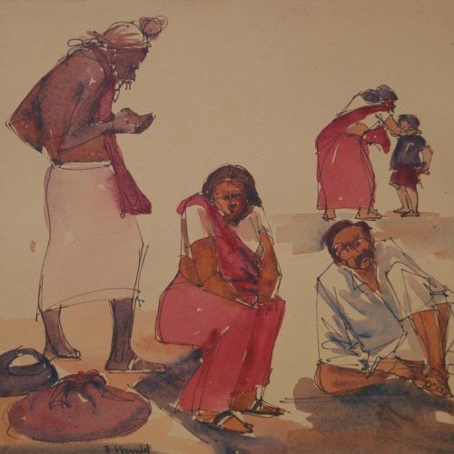 Banaras Ghat - XII | Pen and Water Colour on Paper | 23 x 19.5 CM | 1977 | Available | Price: Contact Us 
