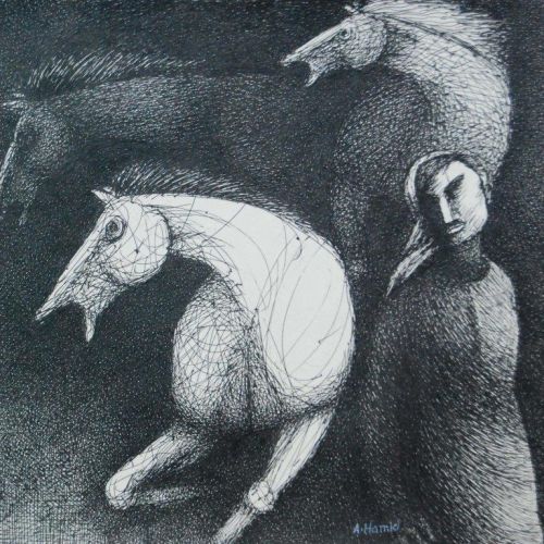 Man with Running Horses | Gel Pen on Paper | 28 x 25.5 CM | 2014 | Available | Price: Contact Us 