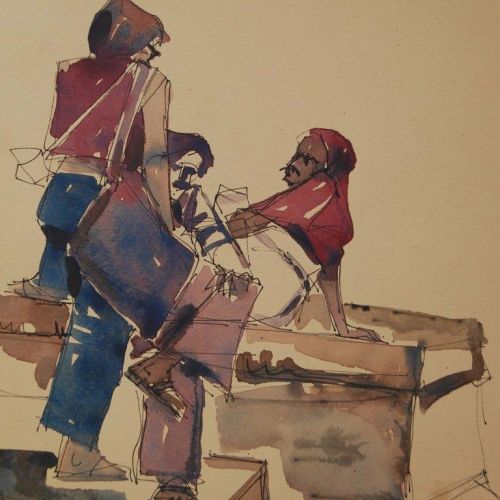 Banaras Ghat - IX | Pen and Water Colour on Paper | 22 x 19 CM | 1977 | Available | Price: Contact Us 