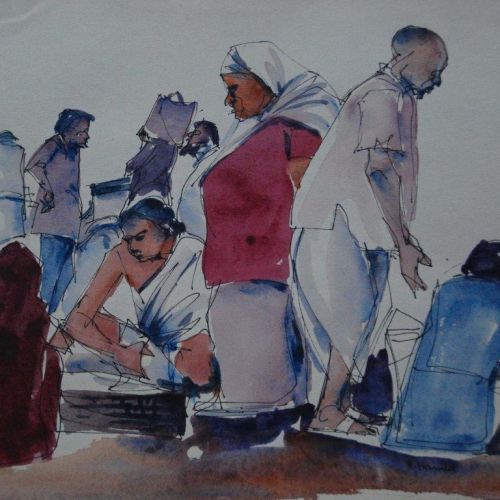 Banaras Ghat - X | Pen and Water Colour on Paper | 26 x 21 CM | 1977 | Available | Price: Contact Us 