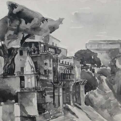 Harish Chandra Ghat - Banaras | Water Colour on Paper | 37 x 28 CM | 1977 | Available | Price: Contact Us