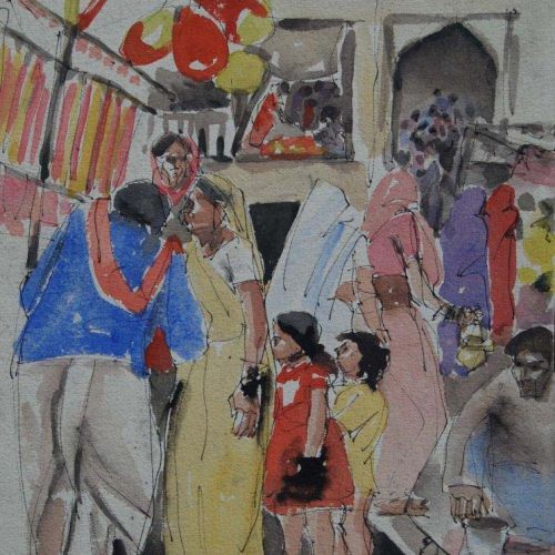 Fair at Banaras Ghat | Pen and Water Colour on Paper | 18 x 25 CM | 1980 | Available | Price: Contact Us 