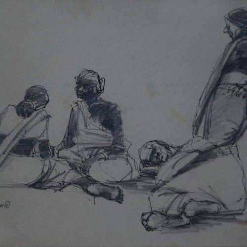 Rest at Railway Station | Pen and Pencil on Paper | 24.5 x 19.5 CM | 1978 | Available | Price: Contact Us 