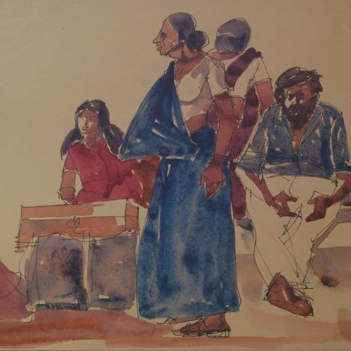 Banaras Ghat - VI | Pen and Water Colour on Paper | 23.5 x 20.5 CM | 1977 | Available | Price: Contact Us 