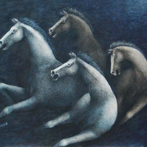 Running Horses - IV | Water Colour and Pen on Paper | 29 x 25 CM | 2018 | Available | Price: Contact Us