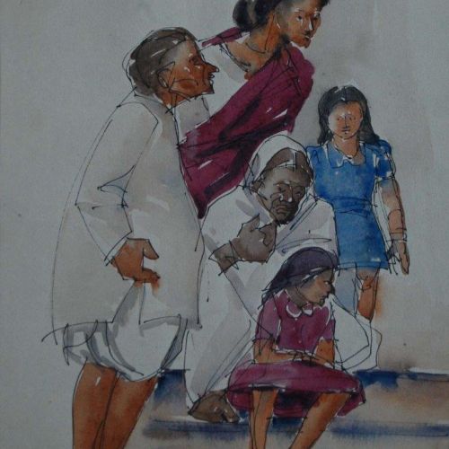 Family at Banaras ghat | Pen and Water Colour on Paper | 16 x 22 CM | 1979 | Available | Price: Contact Us 